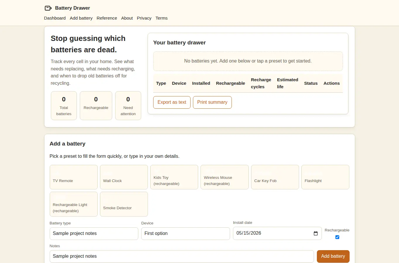 Screenshot of Household Battery Stock and Disposal Reminder interface showing the project page in use
